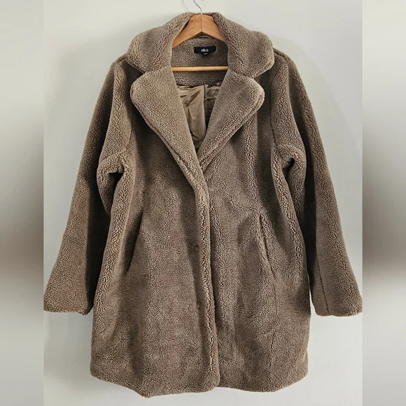 Ellos Teddy Neutral Olive Faux Fur Coat Size 14 - Picture 2 of 8